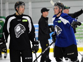 London Knights defenceman Evan Bouchard, left, and forward Liam Foudy during practice at the Western Fair Sports Centre on Wednesday September 20, 2017.  (Free Press file photo)