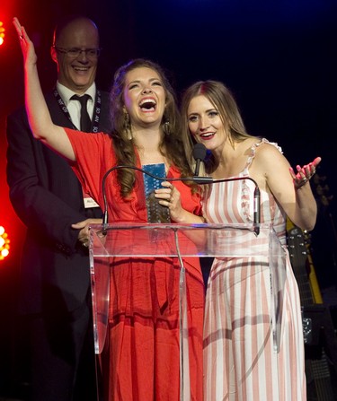 The Lovelocks (Zoe Sparrow (left) and Ali Raney ) won Roots Artist or Group of the year during the Country Music Awards Ontario at Centennial Hall in London. (DEREK RUTTAN, The London Free Press)