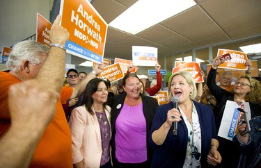 NDP leader Andrea Horwath with Lisa Gretzky, an NDP MPP from Windsor and candidate Jordan McGrail at the McGrail election office in Chatham during a campaign stop on Monday.  Mike Hensen/The London Free Press/Postmedia Network