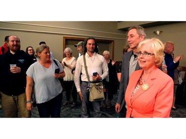 Peggy Sattler won London West for the NDP Thursday night in a mini-Orange Crush in the Forest City. She is accompanied by her husband Neil Bradford.

Mike Hensen/The London Free Press/Postmedia Network