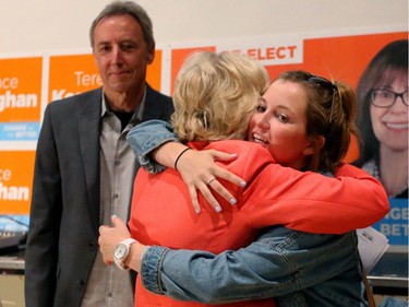 Peggy Sattler won London West for the NDP. She is seen here hugging  her daughter while her husband Neil Bradford looks on. 

Mike Hensen/The London Free Press/Postmedia Network