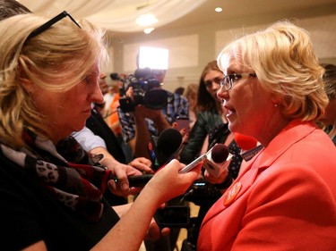 Winning NDP candidate Peggy Sattler took London West and here she speaks to Free Press reporter Jane Sims Thursday night. 

Mike Hensen/The London Free Press/Postmedia Network