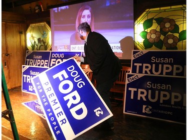 Nick Colosimo, the communications director for the Susan Truppe campaign in London North Centre, arranges the Doug Ford and Truppe signs at the Ale House, the scene of their election night party on Thursday June 7, 2018.  Mike Hensen/The London Free Press/Postmedia Network