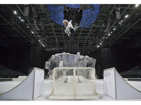 Martin Barrau sails from ramp to ramp while rehearsing for Crystal by Cirque du Soleil at Budweiser Gardens on Thursday.  (DEREK RUTTAN, The London Free Press)