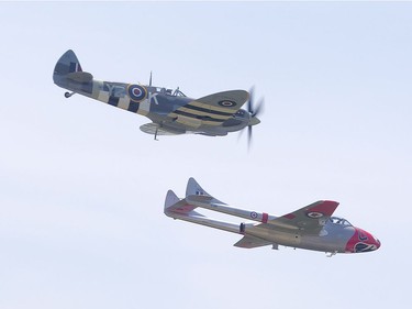 A Spitfire IX TE-294, left, and a de Havilland Vampire fly together Sunday during the 2018 Great Lakes International Airshow in St. Thomas. Derek Ruttan/The London Free Press