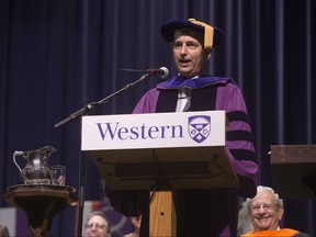 London native David Shore addresses graduates after receiving an honorary doctorate during convocation at Western University in London, Ont. on Wednesday June 20, 2018. Shore created the television show "House." He has written for several TV shows including Due South and NYPD Blue. Derek Ruttan/The London Free Press/Postmedia Network