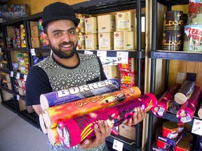 Sunny Sandhu of Phatboy fireworks at Oxford and Wonderland shows off some of their best sellers in his trailer located in the London Mall parking lot. Sandhu says they could sell upwards of $30-40,000 of fireworks in the week they are open, from Monday 25th of June to July 1st. (Mike Hensen/The London Free Press)
