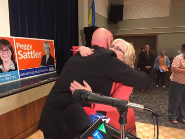Terence Kernaghan hugs Peggy Sattler Thursday night at the London NDP victory party at the Ukrainian Centre. Kernaghan won London North Centre and Sattler won London West. (JANE SIMS, The London Free Press)