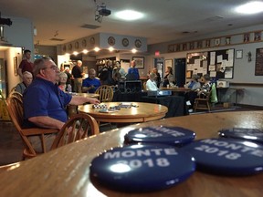 Dozens of supporters of Progressive Conservative Monte McNaughton watch Game 5 of the Stanley Cup Final while they wait for the winner of Thursday's election in Lambton-Kent-Middlesex to show up at the Legion hall in Mt. Brydges. (DALE CARRUTHERS, The London Free Press)