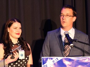 Progressive Conservative MPP Monte McNaughton and his wife Kate address supporters in Mt. Brydges Thursday night after being re-elected in Lambton-Kent-Middlesex for a third term. (DALE CARRUTHERS, The London Free Press)