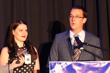 Progressive Conservative MPP Monte McNaughton and his wife Kate address supporters in Mt. Brydges Thursday night after being re-elected in Lambton-Kent-Middlesex for a third term. (DALE CARRUTHERS, The London Free Press)