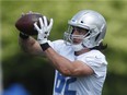 Detroit Lions tight end Luke Willson catches a pass during practice at the NFL football team's training camp in Allen Park, Mich., Wednesday, June 6, 2018.