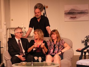 From left, Doug Robinson (Carl), Michelle Murphy (Judith), Jim Hill (David, standing) and Angela Carvalho (Anna) in Norm Foster's My Darling Judith, on stage at Ingersoll Theatre of Performing Arts until June 24.