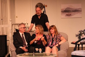 From left, Doug Robinson (Carl), Michelle Murphy (Judith), Jim Hill (David, standing) and Angela Carvalho (Anna) in Norm Foster's My Darling Judith, on stage at Ingersoll Theatre of Performing Arts until June 24.