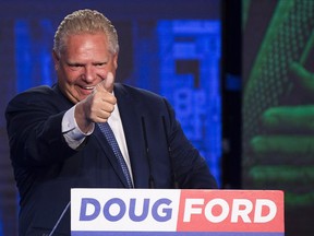Ontario PC leader Doug Ford reacts after winning the Ontario Provincial election to become the new premier in Toronto, on Thursday, June 7, 2018.