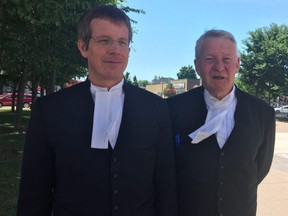 John Fennel and Christopher Hicks, the defence lawyers for Boris Panovski, react to the jury’s decision to convict their client of first-degree murder and aggravated assault in the shooting of Don Frigo, 70, and his widow, Eva Willer Frigo. (JANE SIMS, The London Free Press)