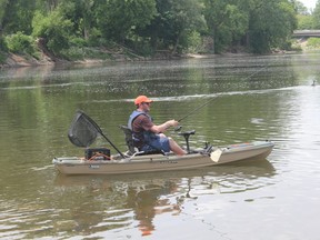 Robert Huber with the Thames River Anglers fishes from his kayak at the Forks of the Thames on Friday, June 1. (MEGAN STACEY/The London Free Press)