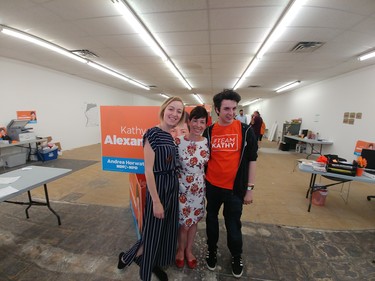 NDP candidate Kathy Alexander, centre, poses with campaign workers Elleke Belet and Simon Harris Thursday before the polls close. (PAUL MORDEN, Sarnia Observer)