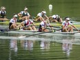 Hillary Janssens, Susanne Grainger, Christine Roper and Nicole Hare, from left, of Canada compete to place third at the Women's Four Final A at the rowing World Cup on Lake Rotsee in Lucerne, Switzerland, Sunday, July 9, 2017. (File photo)