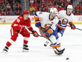 In this April 7, 2018, file photo, New York Islanders centre John Tavares (91) carries the puck against the Detroit Red Wings in Detroit. (AP Photo/Paul Sancya, File)