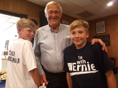 Progressive Conservative Ernie Hardeman poses with his grandsons Chris and Jeremy Hardeman following his victory Thursday in Oxford at the Woodstock Navy club. (CHRIS FUNSTON, Sentinel-Review)