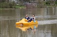 Amazing Race Canada contestants paddle-boat their way across Lake Victoria in Stratford, which will be featured in the July 31 episode. (Submitted photo)