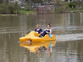 Amazing Race Canada contestants paddle-boat their way across Lake Victoria in Stratford, which will be featured in the July 31 episode. (Submitted photo)