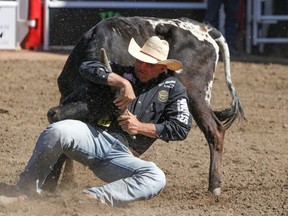 Matt Reeves, Cross Plains, Texas,  twists his steer to win the Steer Wrestling final in the Stampede Rodeo at the Calgary Stampede in Calgary, Ab., on Sunday July 15, 2018. Mike Drew/Postmedia