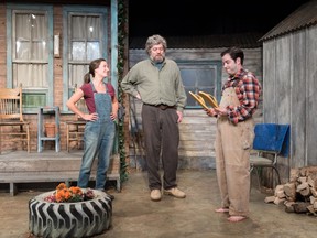 Shannon McCracken, left, Jeff Culbert and Matthew Gorman star in the Port Stanley Festival Theatre production of Buying the Farm, on stage until July 21. (Phil Bell, Shutter Studios)