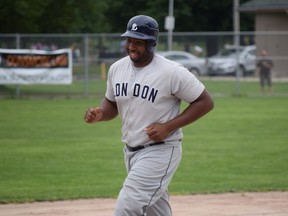 London’s designated hitter Cleveland Brownlee runs the bases after hitting one of his three homers on the afternoon. Special to Postmedia Network