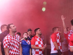 Croatia fans at the Croatian-Canadian National Sports Centre of London cheer as the team scored its second and last goal of the FIFA World Cup final match. (SHALU MEHTA/THE LONDON FREE PRESS)