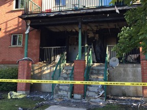 Firefighters battled a fire at this King Street residential complex late Sunday evening.  (JENNIFER BIEMAN, The London Free Press)