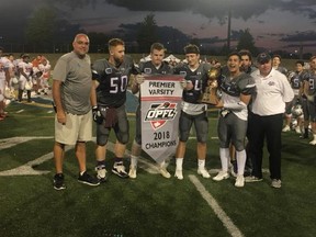 The London Jr. Mustangs beat the Durham Dolphins 25-0 in the Ontario Provincial Football League varsity final Saturday night in Windsor for their second straight shutout in the championship game, capping another perfect season. (Facebook photo)
