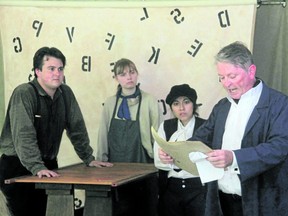 Shaun Hessey plays Alec, Kydra Ryan is the Journeyman, Patricia Tiemi is Charley French and Chris McAuley is the future rebel William Lyon Mackenzie in the Boy With an R in His Hand. Here, Mackenzie reads an article attacking the Family Compact to the apprentices in his printing shop.
