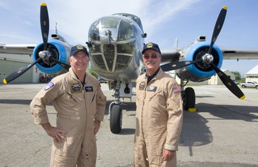 Operations officer/ pilot Travis Major and Pilot Richard Petty after flying a WWII Mitchell B-25 bomber over Sarnia as part of a tour by the Commemorative Air Force on Thursday July 12, 2018. The B-25 was made famous by the Doolittle Raid, early in WWII after the U.S. was hit by the Japanese at Pearl Harbour, 16 B-25's launched off an aircraft carrier and bombed Tokyo and then ditched their planes in China. Mike Hensen/The London Free Press/Postmedia Network