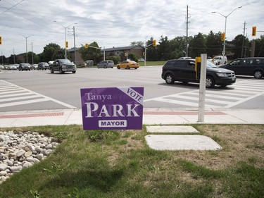 Tanya Park had her election sign up on the northeast corner of Wonderland and Commissioners roads in London on Friday, the first day that the signs were allowed. (Derek Ruttan/The London Free Press)