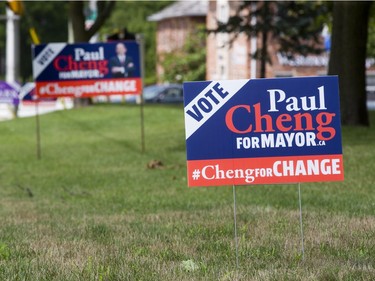 Municipal election signs sprout immediately after the deadline for nominations passes on the southeast corner of Wonderland Road and Springbank Drive in London on Friday (Derek Ruttan/The London Free Press)