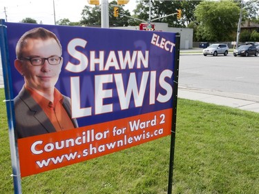 A Shawn Lewis election sign was up on the southeast corner of Dundas and Saskatoon streets in London on Friday as the nomination period closed. (Derek Ruttan/The London Free Press)