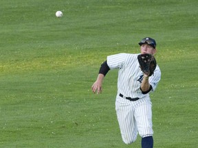 London Majors outfielder Byron Reichstein waits to catch an incoming ball to round out the second inning during their Intercounty Baseball League game against the Kitchener Panthers at Labatt Park in London, Ont. on Monday August 1, 2016. Craig Glover/The London Free Press/Postmedia Network