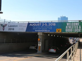 An advertisement for the 2018 Ontario Summer Games hangs on the CN Rail underpass on Wellington Street. London will host the sporting event for youth athletes from August 2-5. (SHANNON COULTER, The London Free Press)