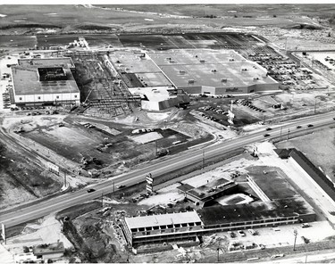Woolco and Sayvette stores in WhiteOaks looking west (now White Oaks Mall) 1973. (London Free Press files)