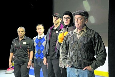 From left, Marcia Johnson, Matthew Gin, Omar Alex Khan, Parmida Vand and Lorne Kennedy star in The New Canadian Curling Club, a play written by Mark Crawford and directed by Miles Potter at Blyth Festival theatre until Aug. 23 and extended for five shows Sept. 18-21.  Photo credit: Terry Manzo