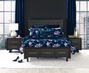 A moody blue blackground makes florals crisp and fresh. (Urban Barn.)