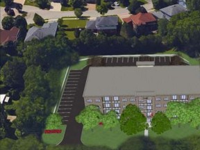 A four-storey apartment building was proposed for the south side of Byron Baseline Road, east of Griffith Street and west of Colonel Talbot Road. This is the aerial view facing south. A provincial land-use body has rejected the proposal.