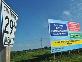 A sign on the corner of Kent Bridge Road and Countryview Line has caused a stir in Chatham-Kent due to a message that says, "God says no to homosexuality and abortions." (Tom Morrison/Postmedia Network)