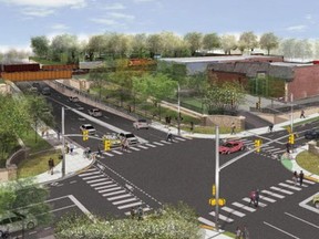 A design image depicts a proposed $58-million underpass that would help drivers and cyclists avoid delays caused by trains on the CP Rail lines crossing Adelaide Street, with a view looking north at Adelaide Street North and Central Avenue.