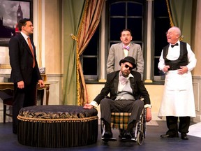 Darren Keay as junior cabinet minister Richard Willey, Jacob James as his assistant, George Pigden, Andrew Scanlon as the body and David Talbot as the waiter in the British farce, Out of Order, on for two more shows, both on Saturday at Huron Country Playhouse II.
