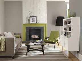 Sherwin-Williams Functional Gray SW 7024 is especially responsive to vibrant pops of colour, such as this showy lime green.  (Sherwin-Williams/The Associated Press)