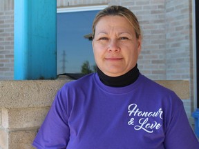 Kimberly Fisher, health director of the Chippewa Health Centre, wears a purple shirt as a symbol of grief on International Overdose Awareness Day. (SHALU MEHTA/THE LONDON FREE PRESS)
