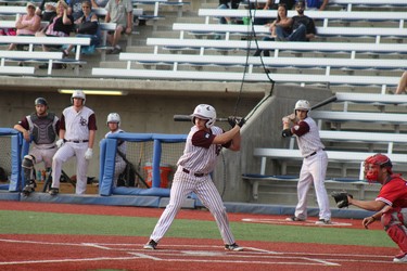 London Badgers hitter John Geddes bats as London faces Etobicoke in the Baseball Canada 18U Championship final at Shell Place in Fort McMurray, Alta., on Sunday, August 19, 2018. (Laura Beamish/Postmedia Network)